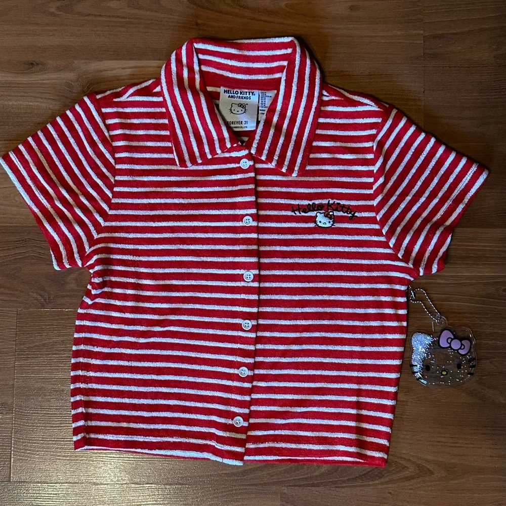 Forever 21 Red and White Striped Hello Kitty Button Down Shirt - Picture 3 of 10
